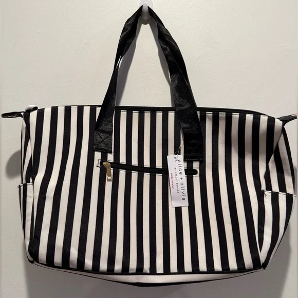 Alice + Olivia Stacey Bendet Black and White Striped Duffle Tote Bag NWT - Picture 2 of 10
